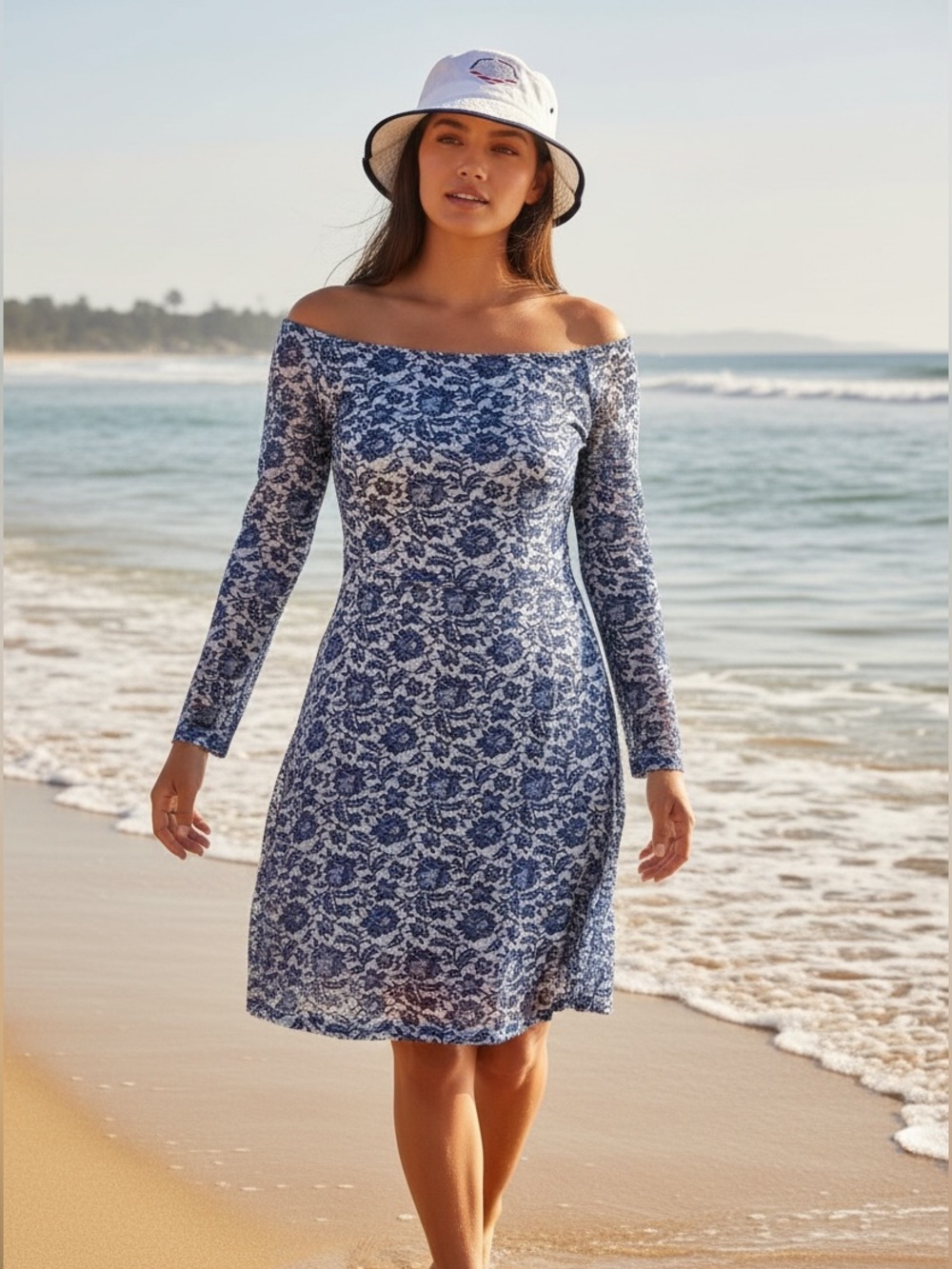 Blue Floral Lace-Pattern Mini Dress - Women's